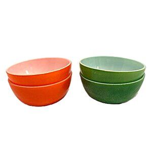 Hazel Atlas textured milk glass orange peel cereal bowls (2) orange & (2) green
